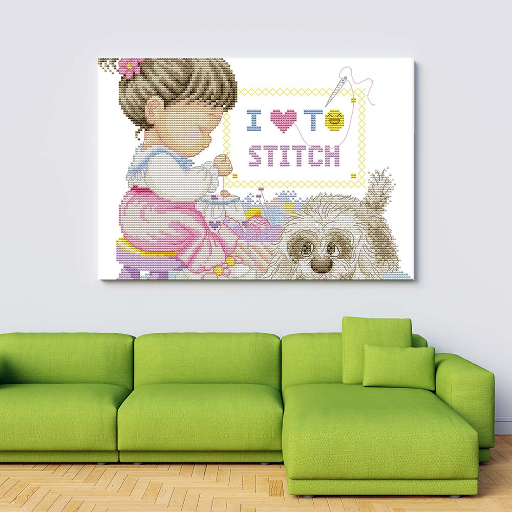 Kreuzstich -  Mädchen liebt stricken | 30x30 cm - Diy - Fadenkunst
