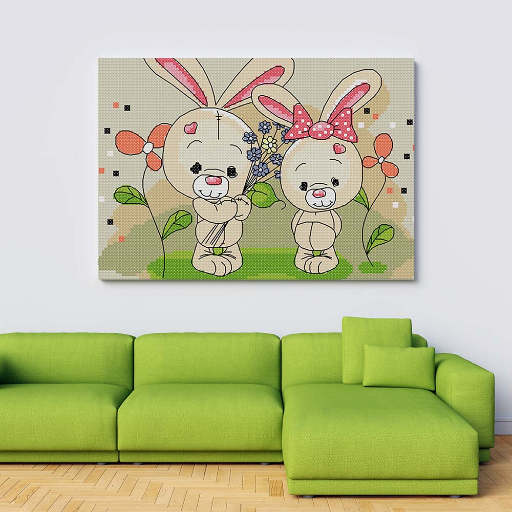 Kreuzstich -  zwei kleine süße Hasen | 30x30 cm - Diy - Fadenkunst
