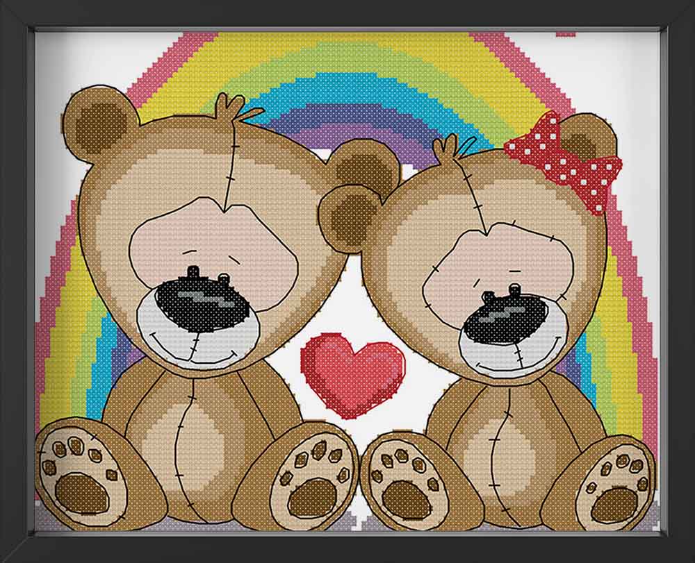 Kreuzstich -  zwei Teddys mit Regenbogen | 30x30 cm - Diy - Fadenkunst