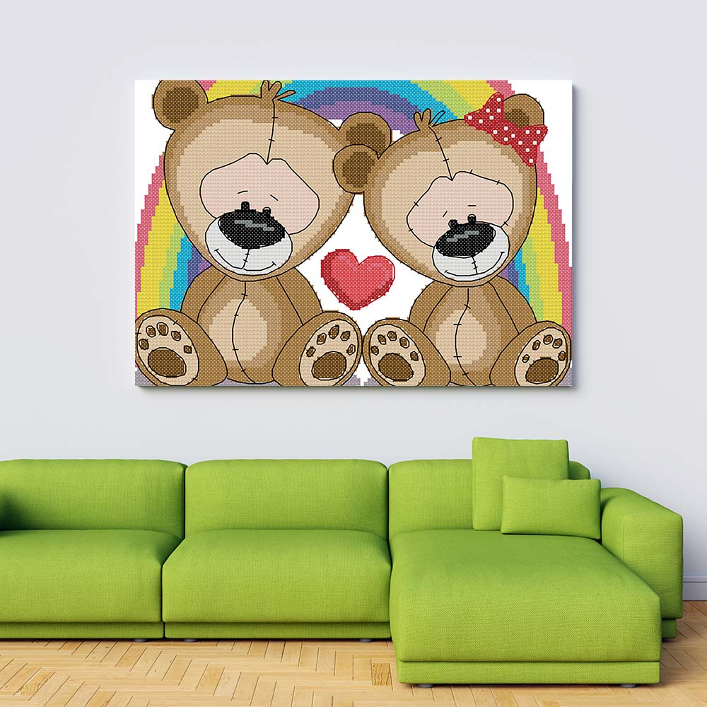 Kreuzstich -  zwei Teddys mit Regenbogen | 30x30 cm - Diy - Fadenkunst