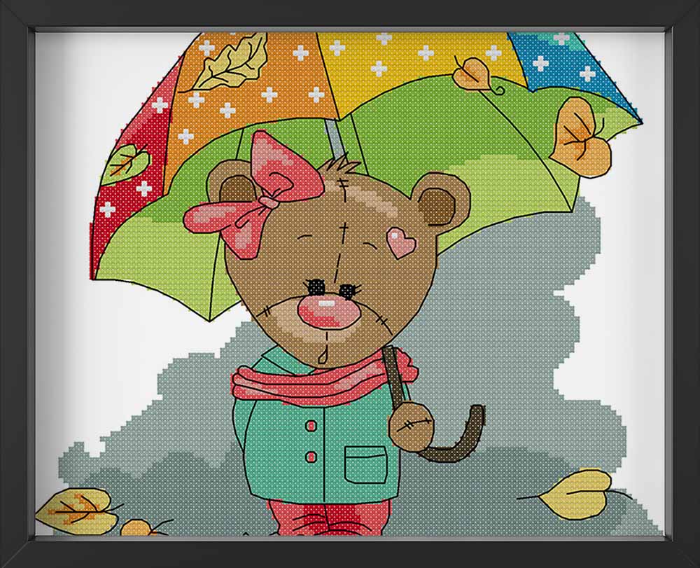 Kreuzstich -  Teddy mit Regenschirm | 30x30 cm - Diy - Fadenkunst