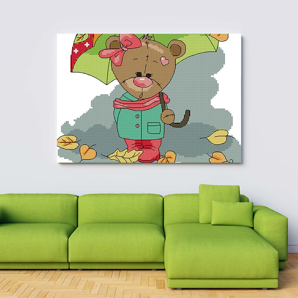Kreuzstich -  Teddy mit Regenschirm | 30x30 cm - Diy - Fadenkunst
