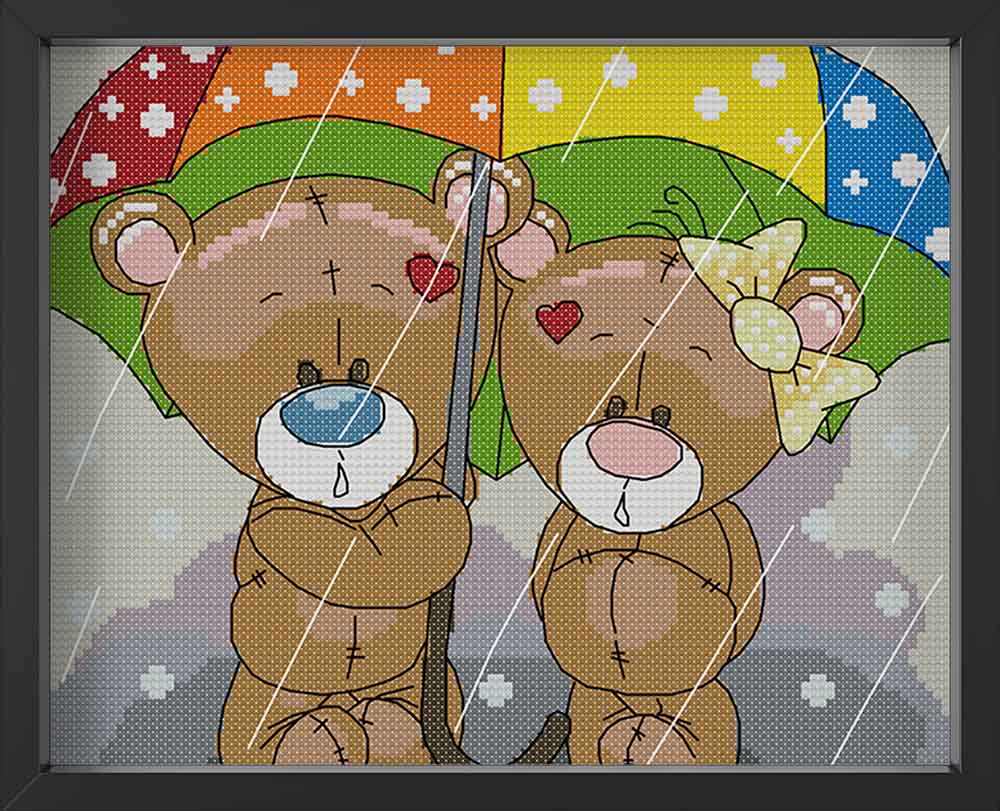 Kreuzstich -  Teddy mit Regen | 30x30 cm - Diy - Fadenkunst