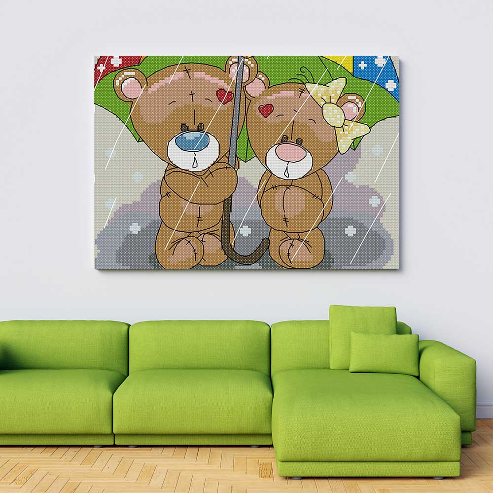 Kreuzstich -  Teddy mit Regen | 30x30 cm - Diy - Fadenkunst