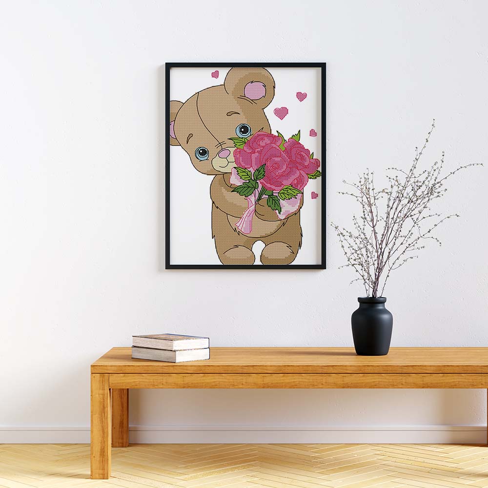 Kreuzstich -  Teddy mit Rosenstrauß | 30x30 cm - Diy - Fadenkunst