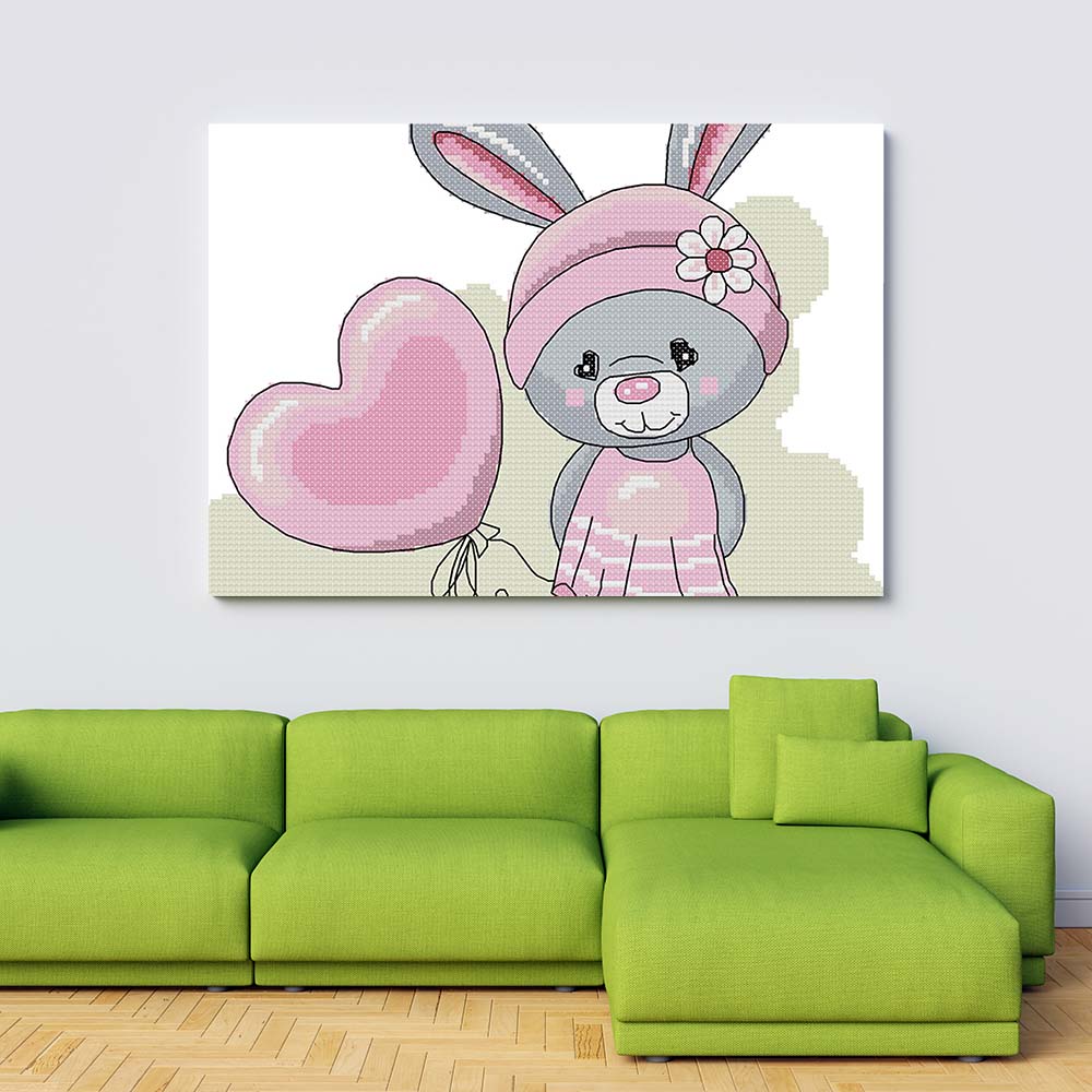 Kreuzstich -  süßer Hase mit Herz | 30x30 cm - Diy - Fadenkunst