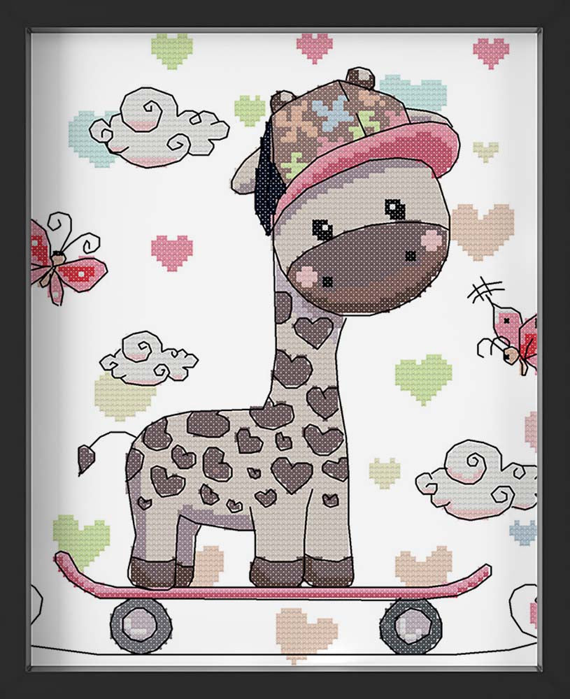 Kreuzstich -  Giraffe auf Skateboard | 30x30 cm - Diy - Fadenkunst