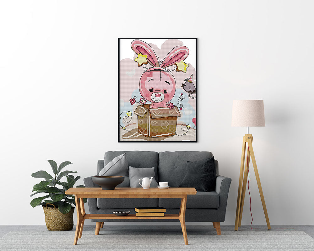 Kreuzstich -  süßer Hase im Paket | 30x30 cm - Diy - Fadenkunst