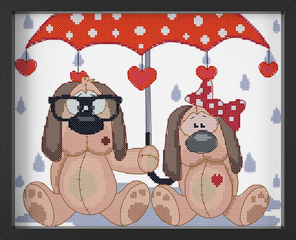 Kreuzstich -  Hunde mit Regenschirm | 30x30 cm - Diy - Fadenkunst