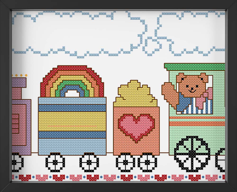Kreuzstich -  Teddybär in Eisenbahn | 30x20 - Diy - Fadenkunst