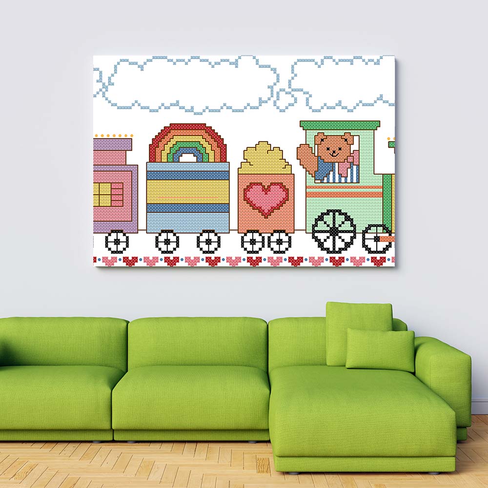 Kreuzstich -  Teddybär in Eisenbahn | 30x20 - Diy - Fadenkunst