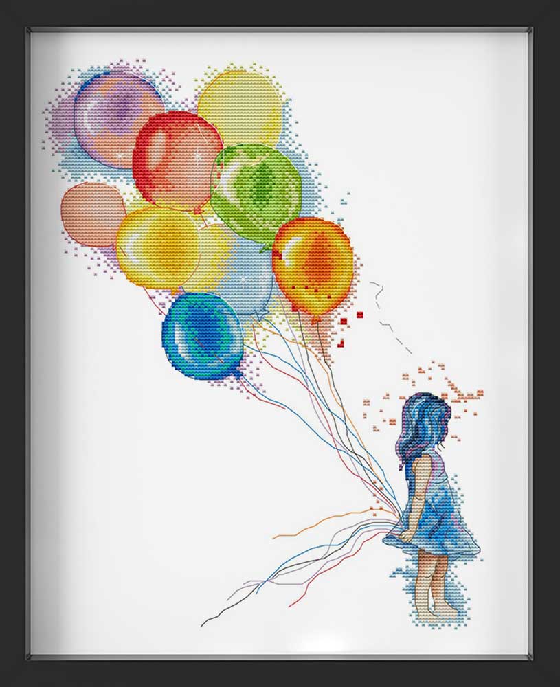 Kreuzstich -  Mädchen mit Ballons |35x40 cm - Diy - Fadenkunst