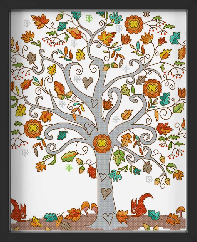 Kreuzstich -  Herbstbaum mit kleinen Tieren | 30x30 cm - Diy - Fadenkunst