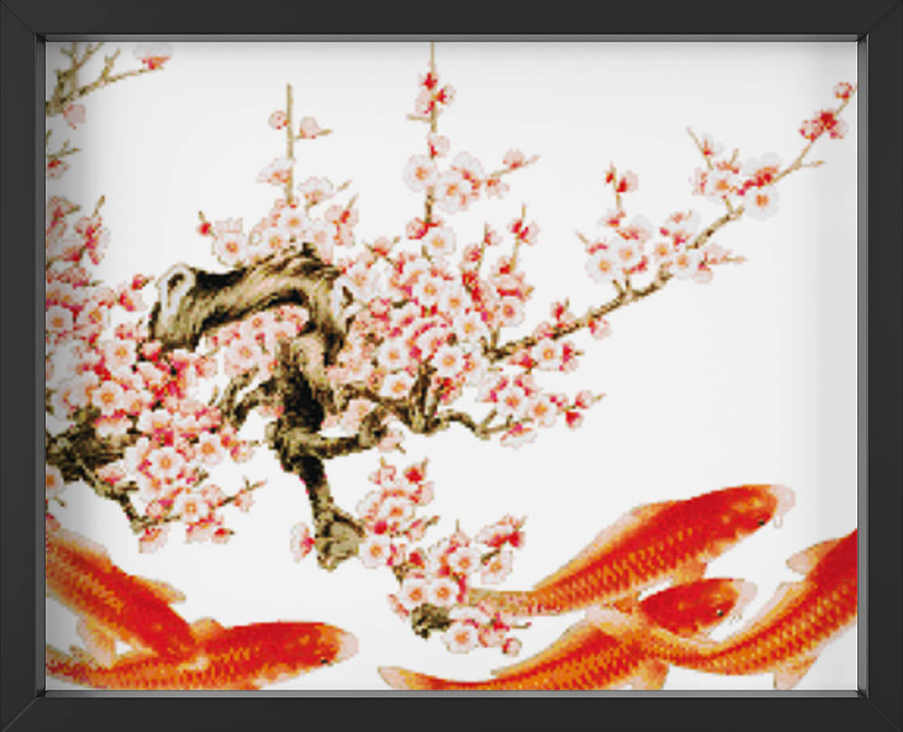 Kreuzstich -  Koi Fische mit Blumenast | 85x50 cm - Diy - Fadenkunst