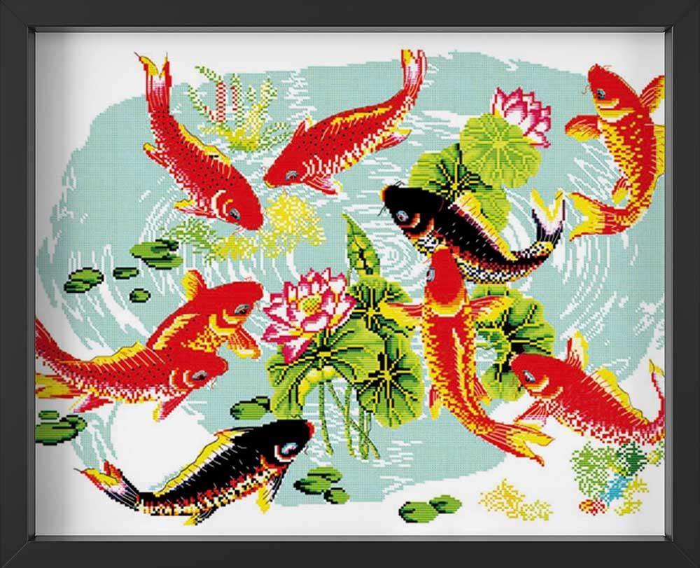 Kreuzstich -  Koi Fische mit Blumenast | 60x45 cm - Diy - Fadenkunst