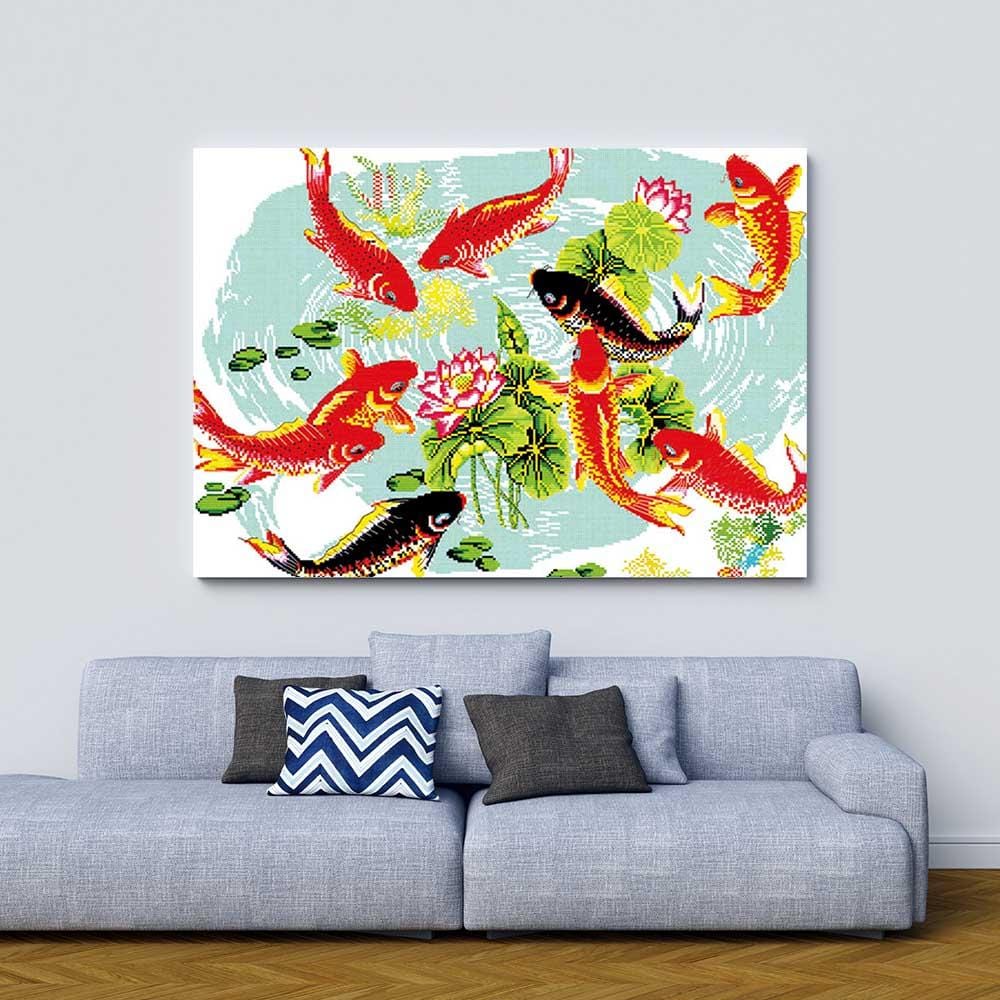 Kreuzstich -  Koi Fische mit Blumenast | 60x45 cm - Diy - Fadenkunst