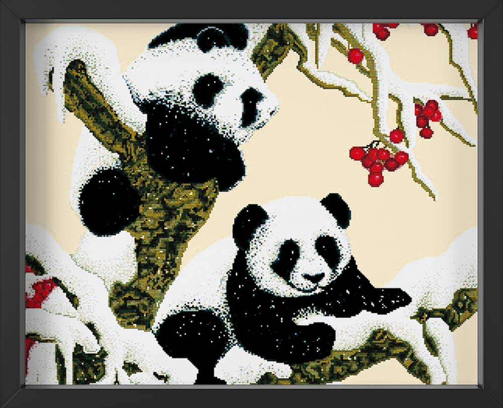 Kreuzstich -  Pandas im Schnee | 60x60 cm - Diy - Fadenkunst