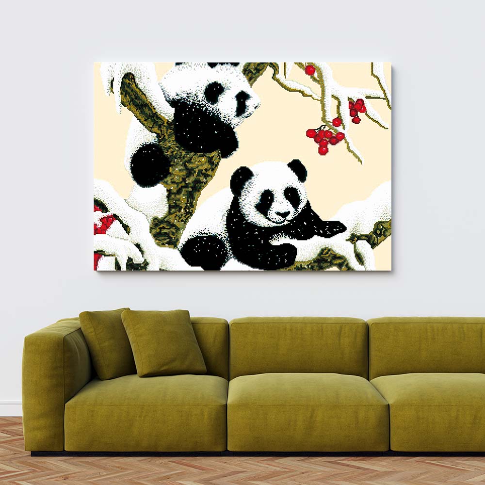 Kreuzstich -  Pandas im Schnee | 60x60 cm - Diy - Fadenkunst