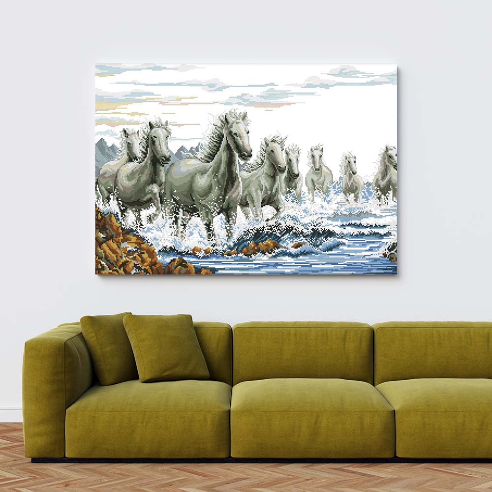 Kreuzstich - Pferde galoppieren durchs Wasser | 60x40 - Diy - Fadenkunst