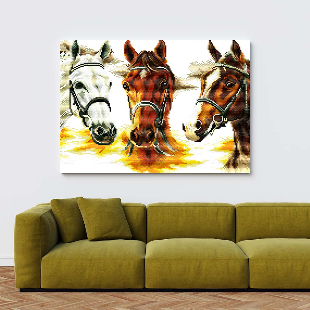 Kreuzstich -  drei Pferdeköpfe | 55x30 cm - Diy - Fadenkunst