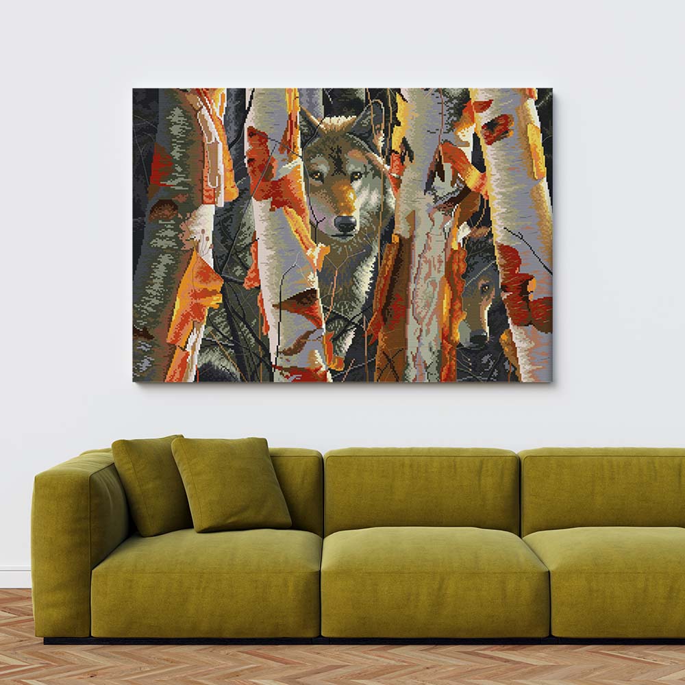 Kreuzstich -  Wolf im Wald | 60x40 - Diy - Fadenkunst