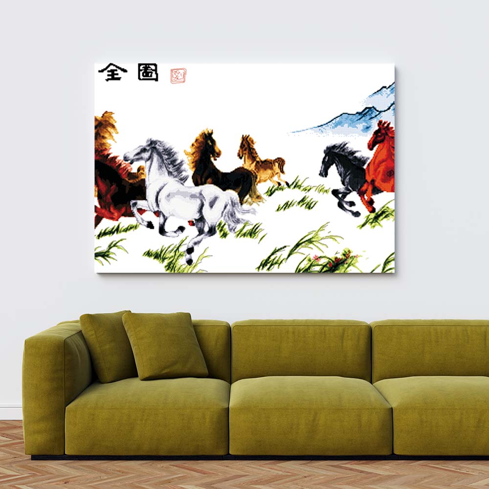 Kreuzstich -  Pferde galoppieren über die Weide | 100x50 cm - Diy - Fadenkunst