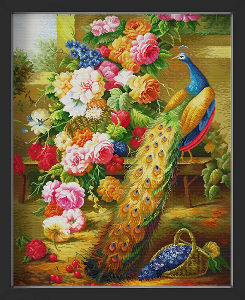 Kreuzstich - Pfau mit bunten Blumen | 60x90 cm - Diy - Fadenkunst