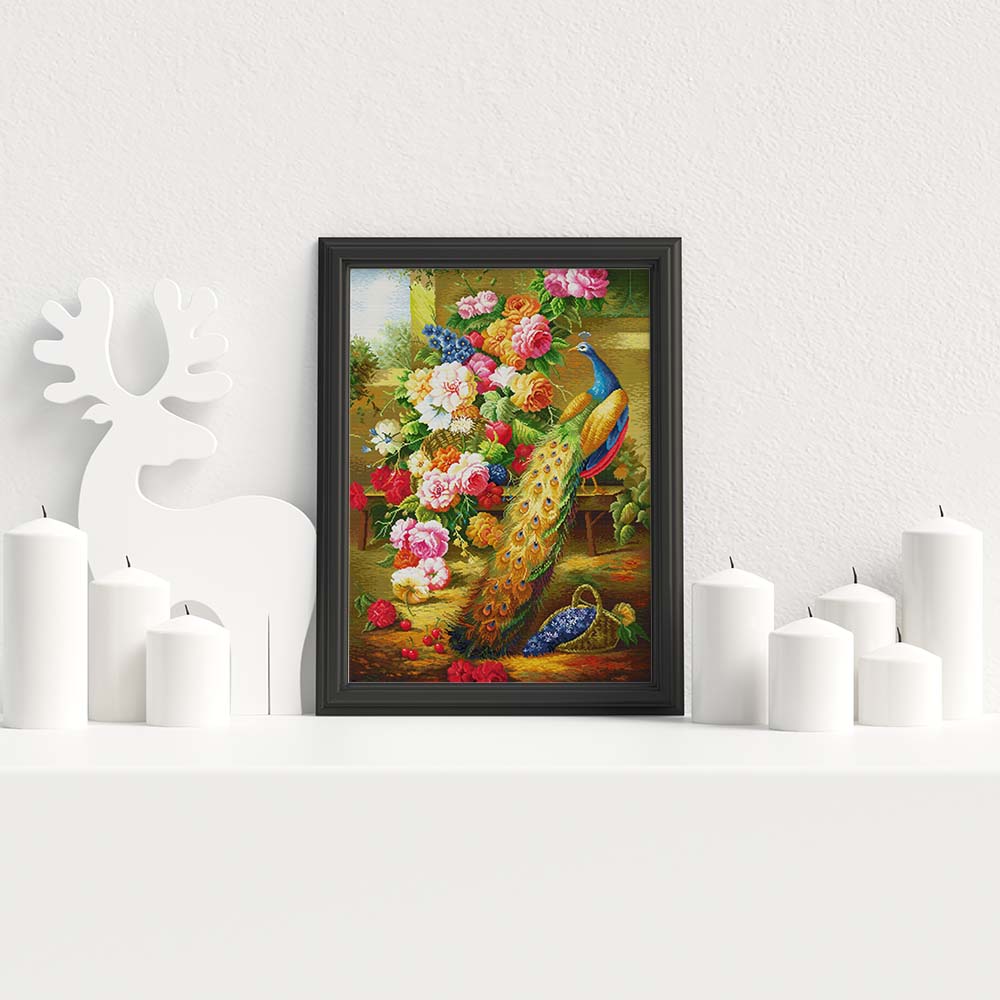 Kreuzstich - Pfau mit bunten Blumen | 60x90 cm - Diy - Fadenkunst