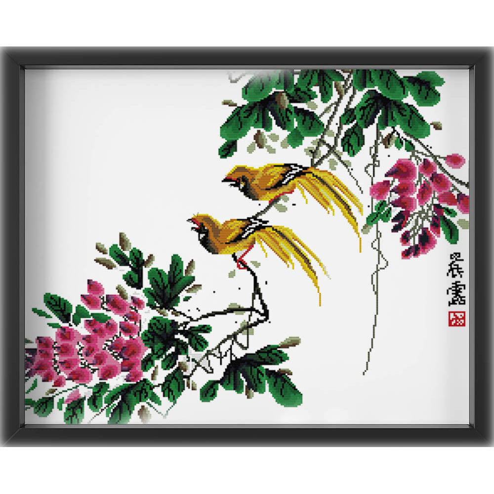 Kreuzstich - Vögel auf Ast | 60x50 cm - Diy - Fadenkunst