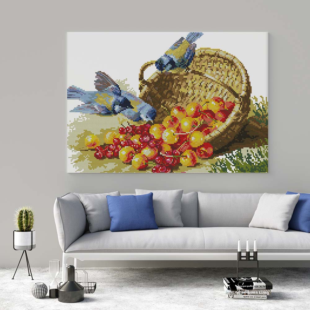 Kreuzstich - Vögel am Obstkorb | 40x30 cm - Diy - Fadenkunst