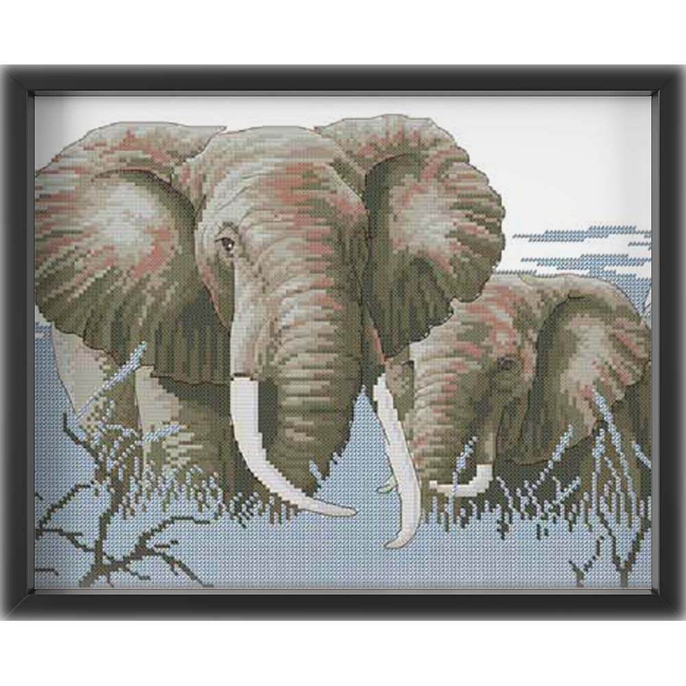 Kreuzstich - Elefantenfamilie | 50x30 cm - Diy - Fadenkunst