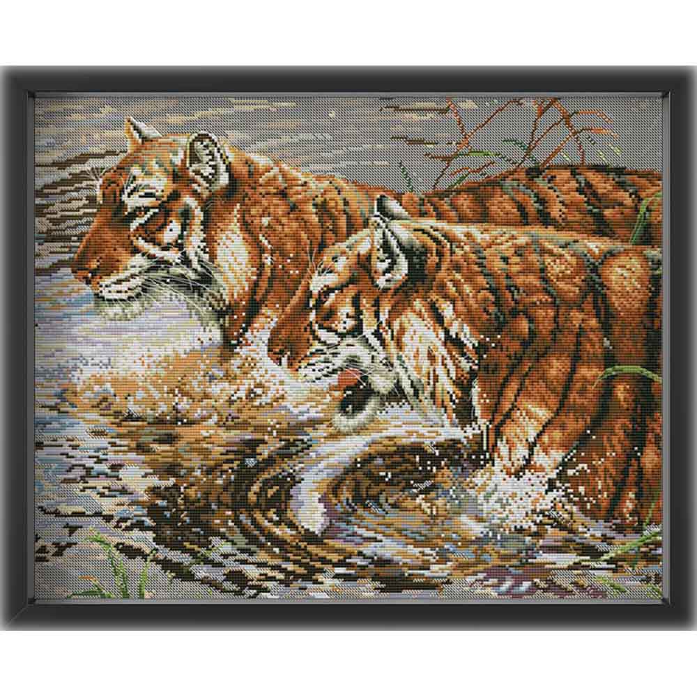 Kreuzstich - Tiger im Wasser | 55x40 cm - Diy - Fadenkunst