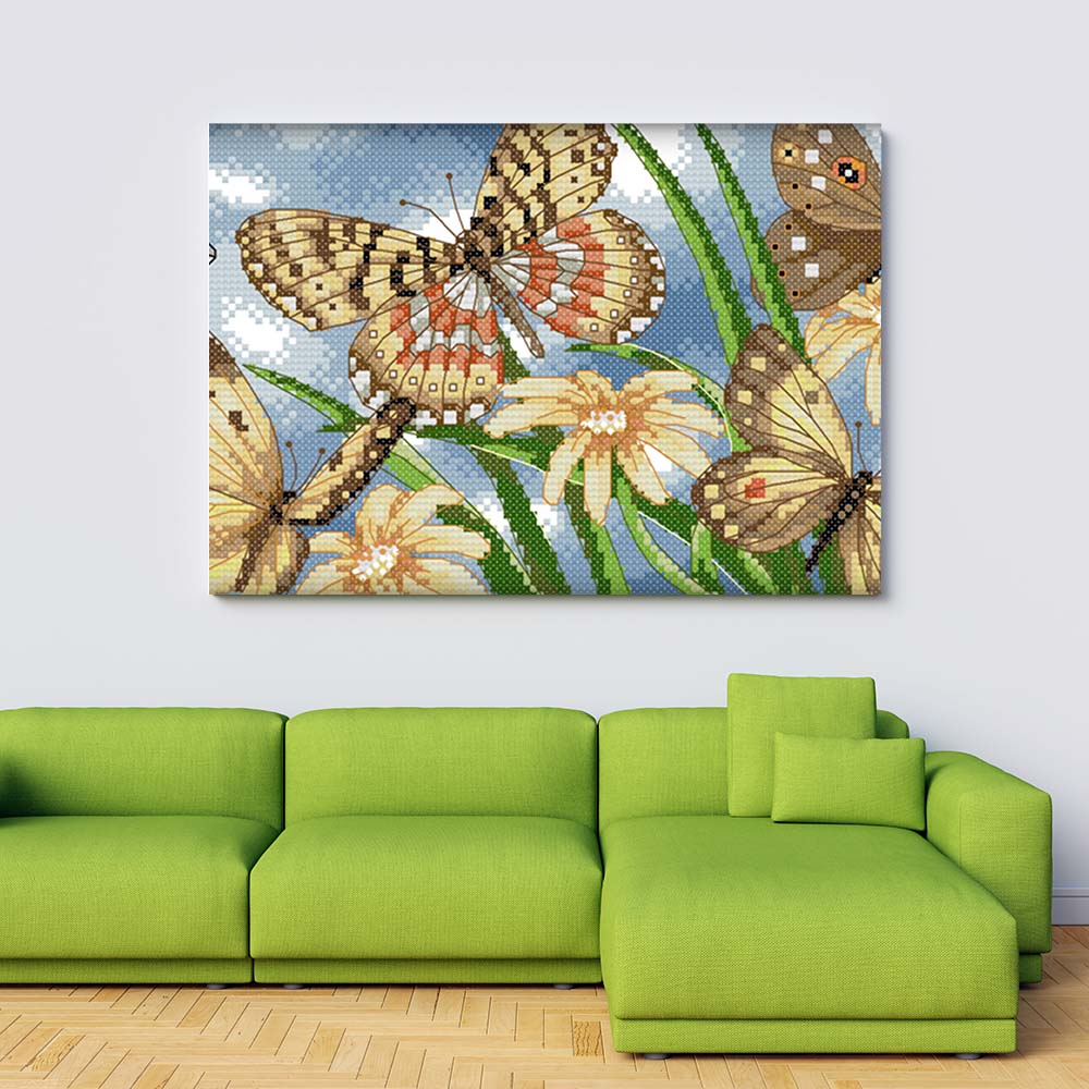 Kreuzstich - Schmetterling an Blume | 30x20 cm - Diy - Fadenkunst