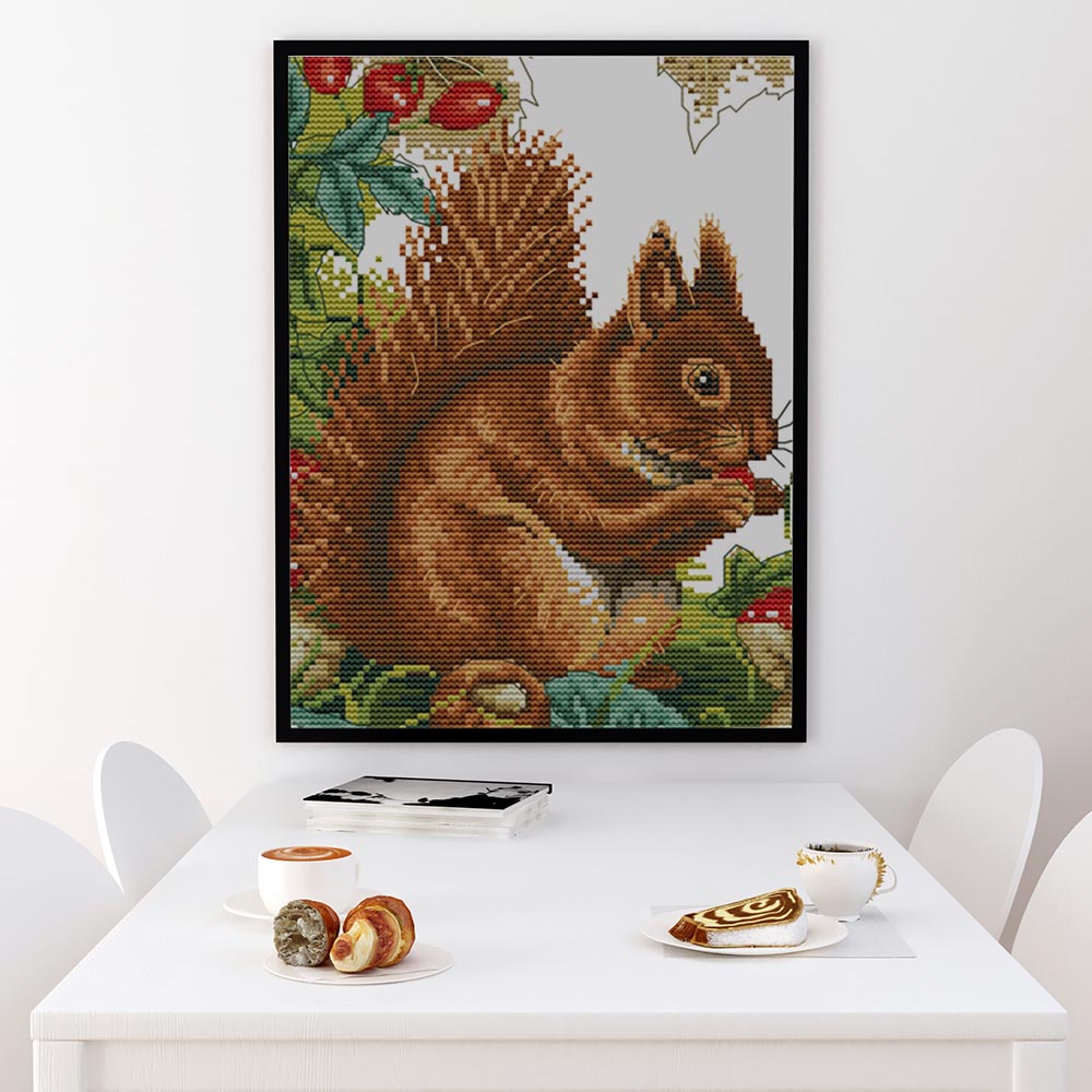 Kreuzstich - Eichhörnchen im Wald | 30x35 cm - Diy - Fadenkunst