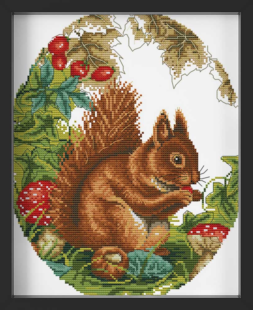 Kreuzstich - Eichhörnchen im Wald | 30x35 cm - Diy - Fadenkunst