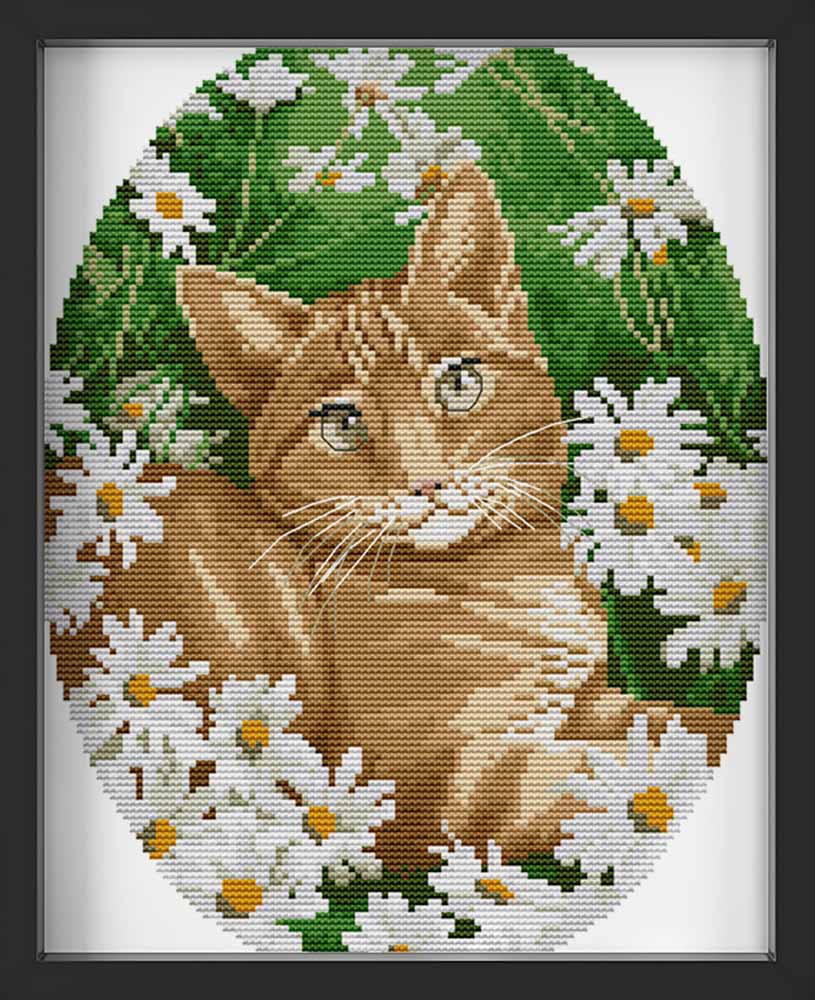 Kreuzstich - Katze in Margeriten | 30x35 cm - Diy - Fadenkunst