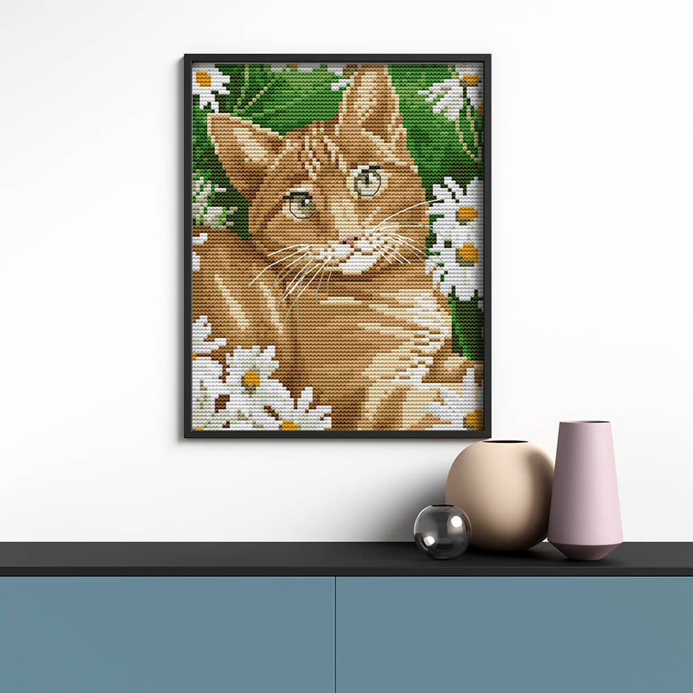 Kreuzstich - Katze in Margeriten | 30x35 cm - Diy - Fadenkunst