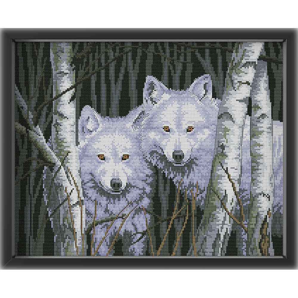 Kreuzstich - Zwei Wölfe im Wald | 45x35 cm - Diy - Fadenkunst