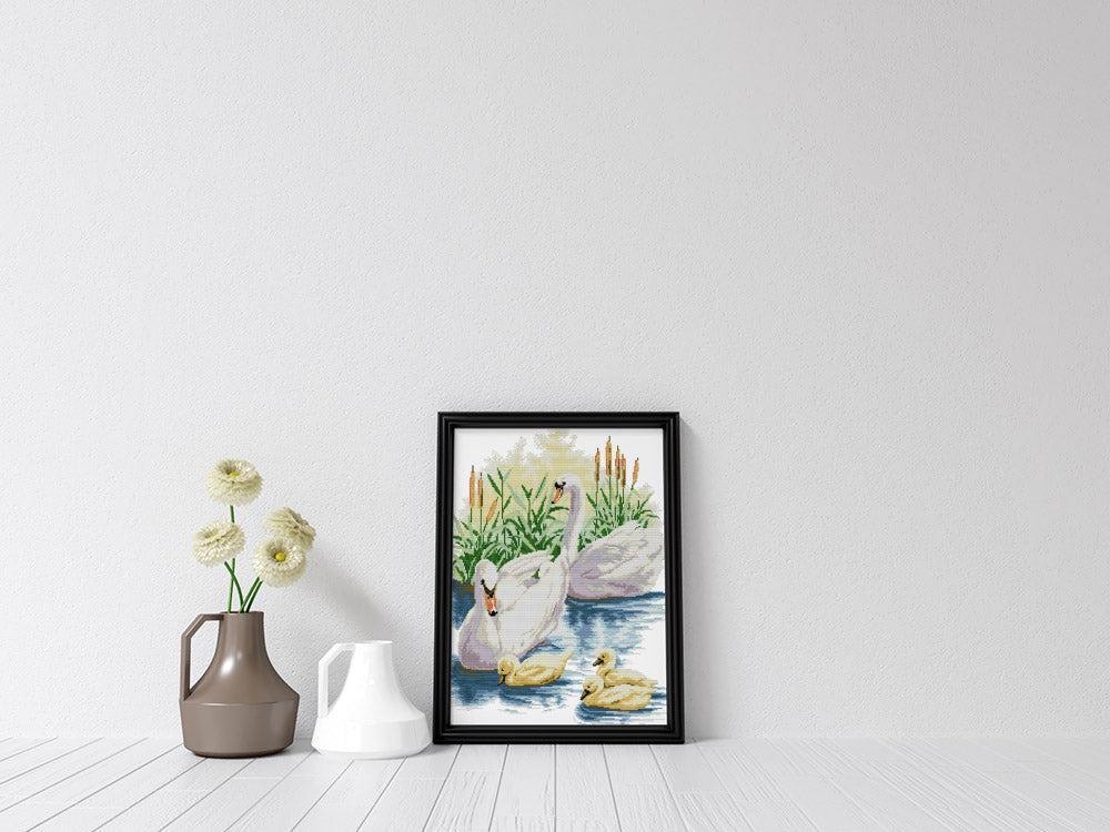 Kreuzstich - Schwan mit Küken | 45x55 cm - Diy - Fadenkunst