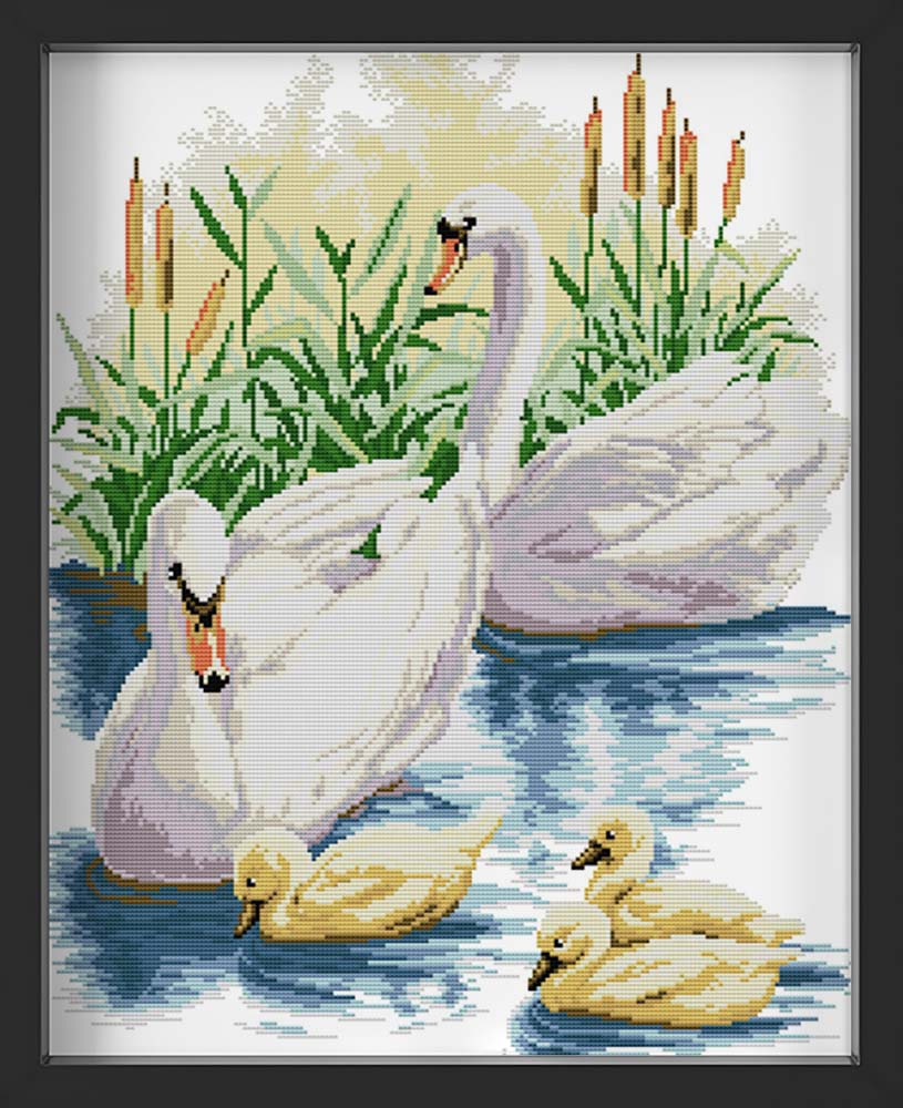 Kreuzstich - Schwan mit Küken | 45x55 cm - Diy - Fadenkunst