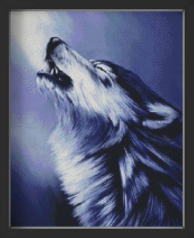 Kreuzstich - Wolf beim jaulen | 35x45 cm - Diy - Fadenkunst