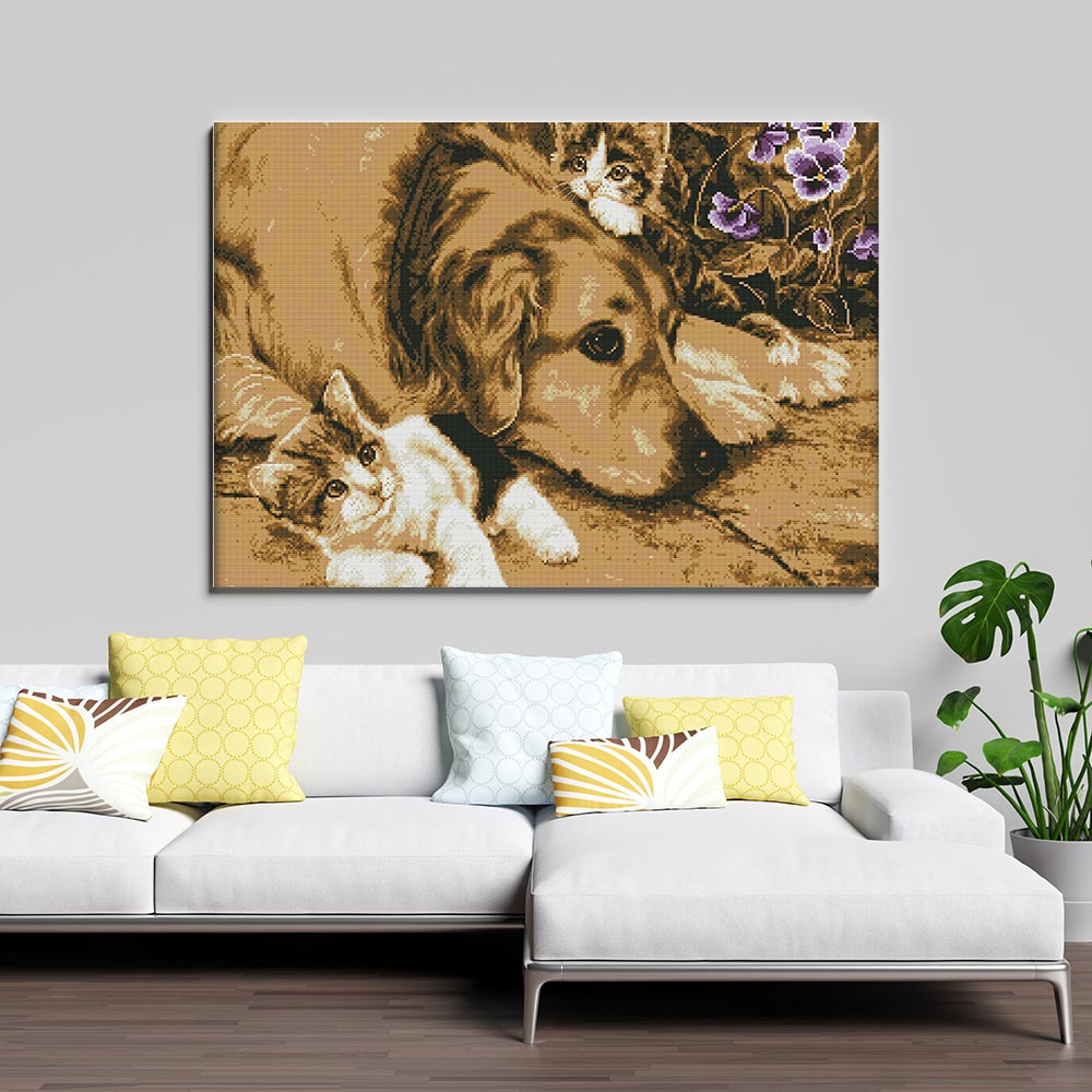 Kreuzstich - Hund mit Katzenbabys | 60x50 cm - Diy - Fadenkunst