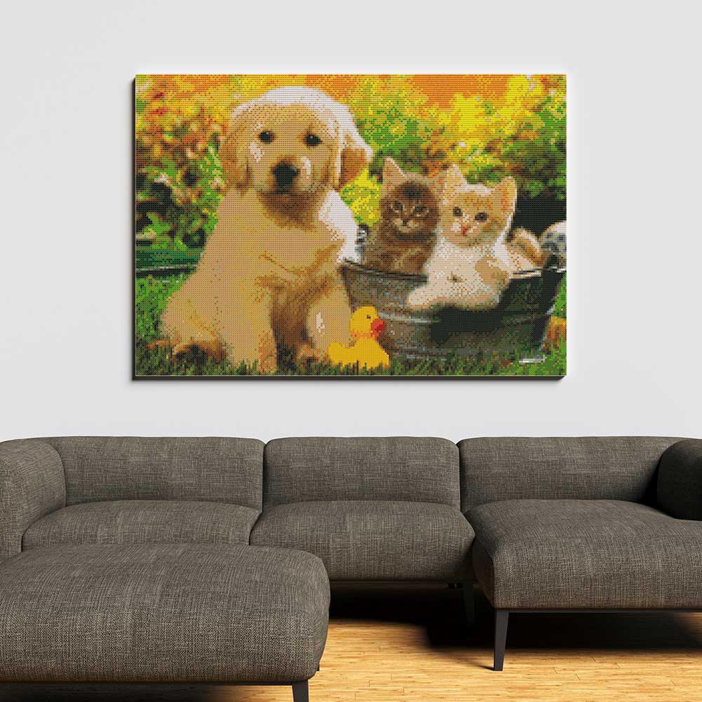 Kreuzstich - Hundewelpen und Katzenbabys | 50x35 cm - Diy - Fadenkunst