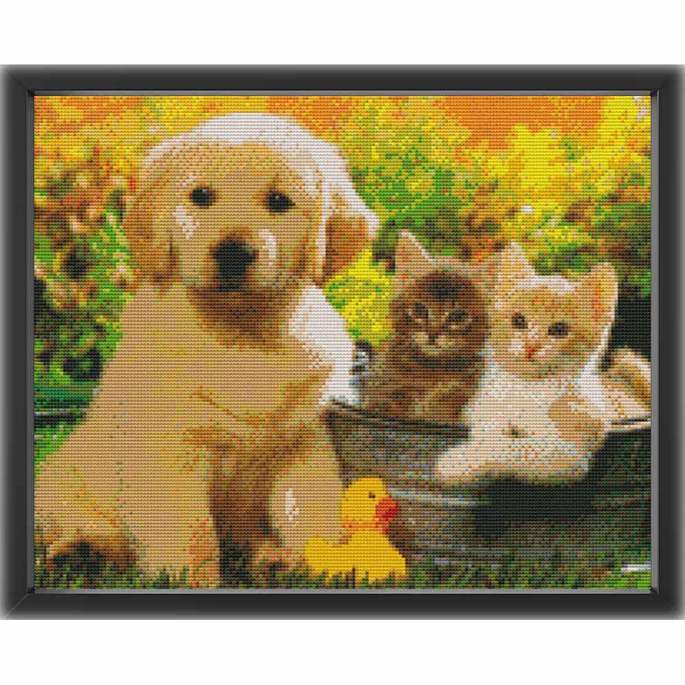 Kreuzstich - Hundewelpen und Katzenbabys | 50x35 cm - Diy - Fadenkunst