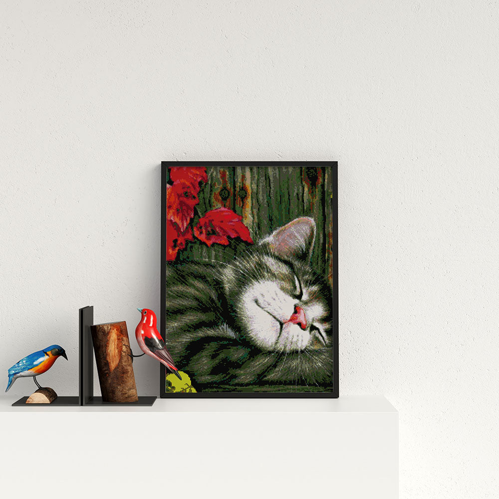 Kreuzstich - Katze am Schlafen | 50x55 cm - Diy - Fadenkunst