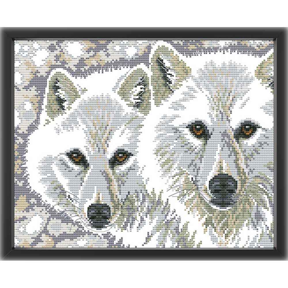Kreuzstich - Zwei Schneewölfe | 40x30 cm - Diy - Fadenkunst