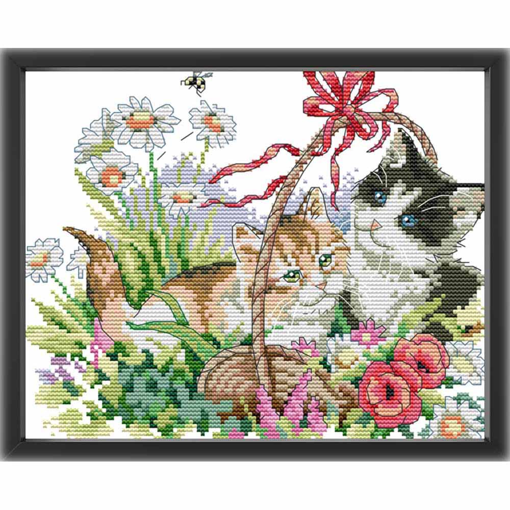 Kreuzstich - Katzen in der Wiese | 30x25 cm - Diy - Fadenkunst