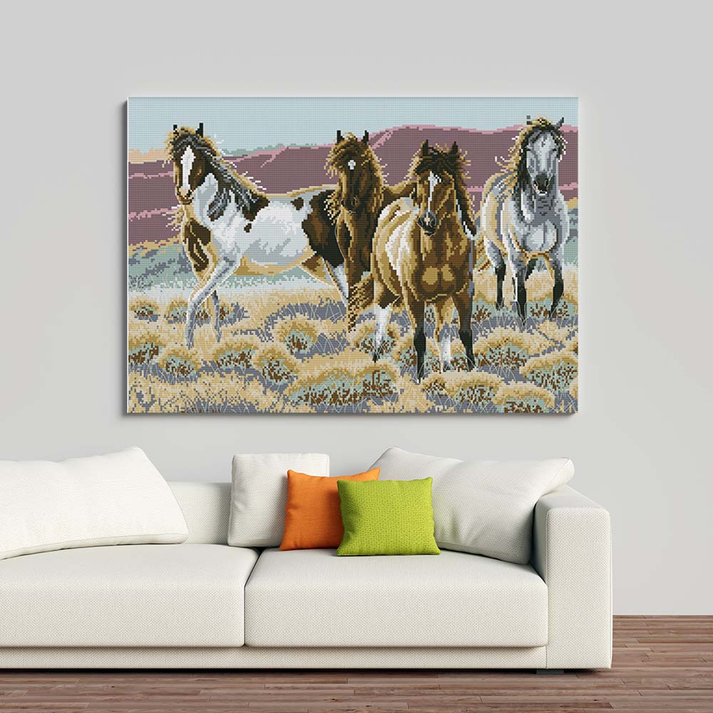 Kreuzstich - Die Pferdeherde | 60x40 cm - Diy - Fadenkunst