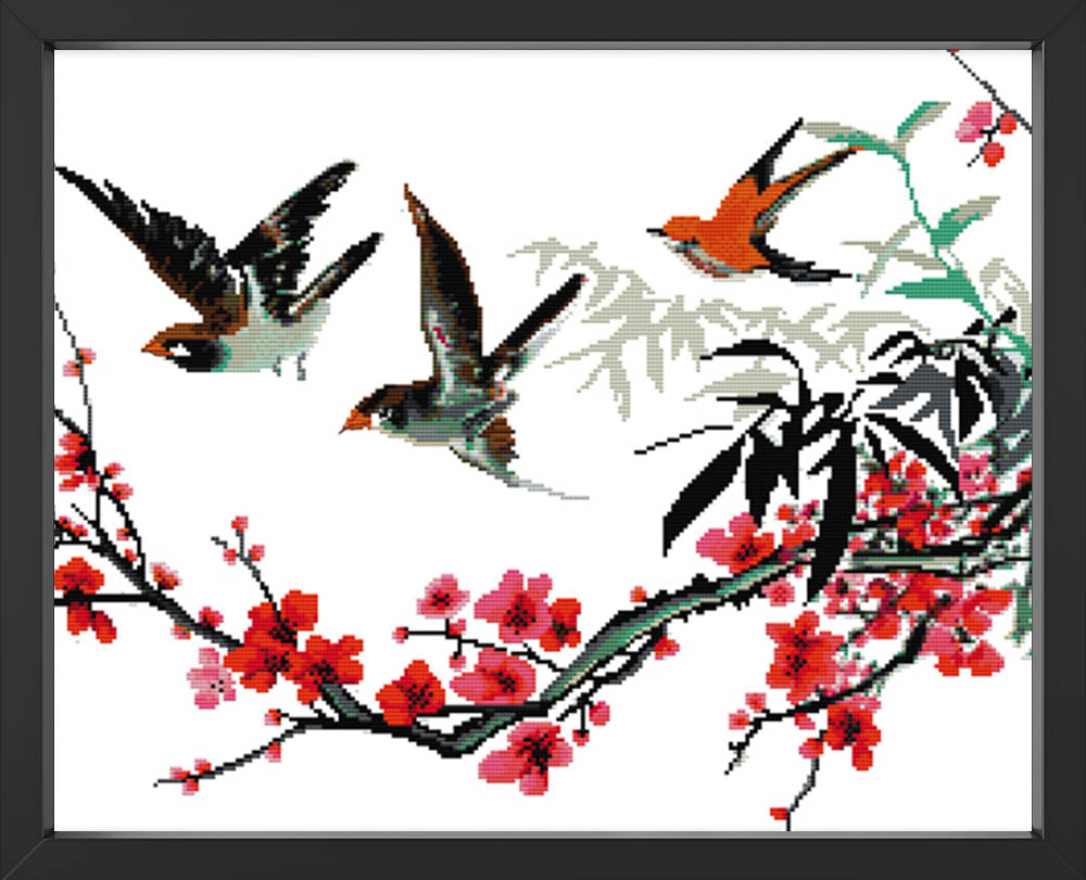 Kreuzstich - Vögel fliegen auf Ast | 60x45 cm - Diy - Fadenkunst