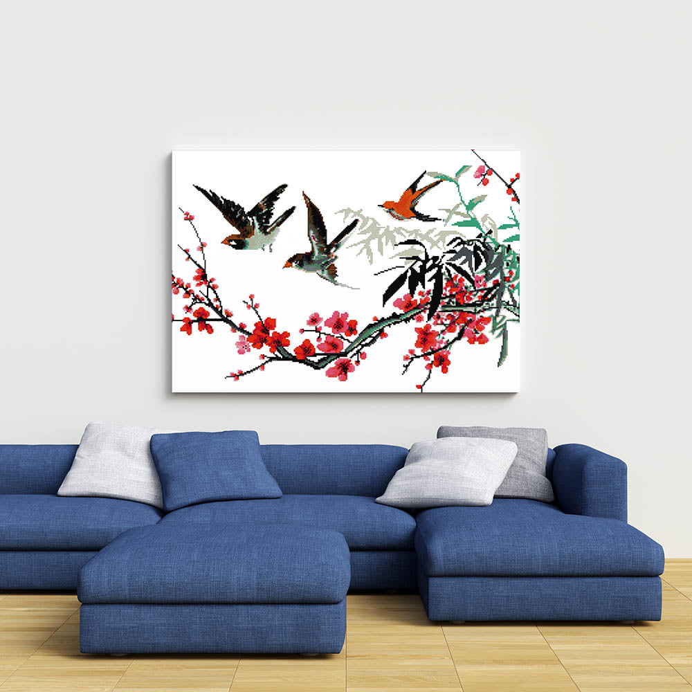 Kreuzstich - Vögel fliegen auf Ast | 60x45 cm - Diy - Fadenkunst